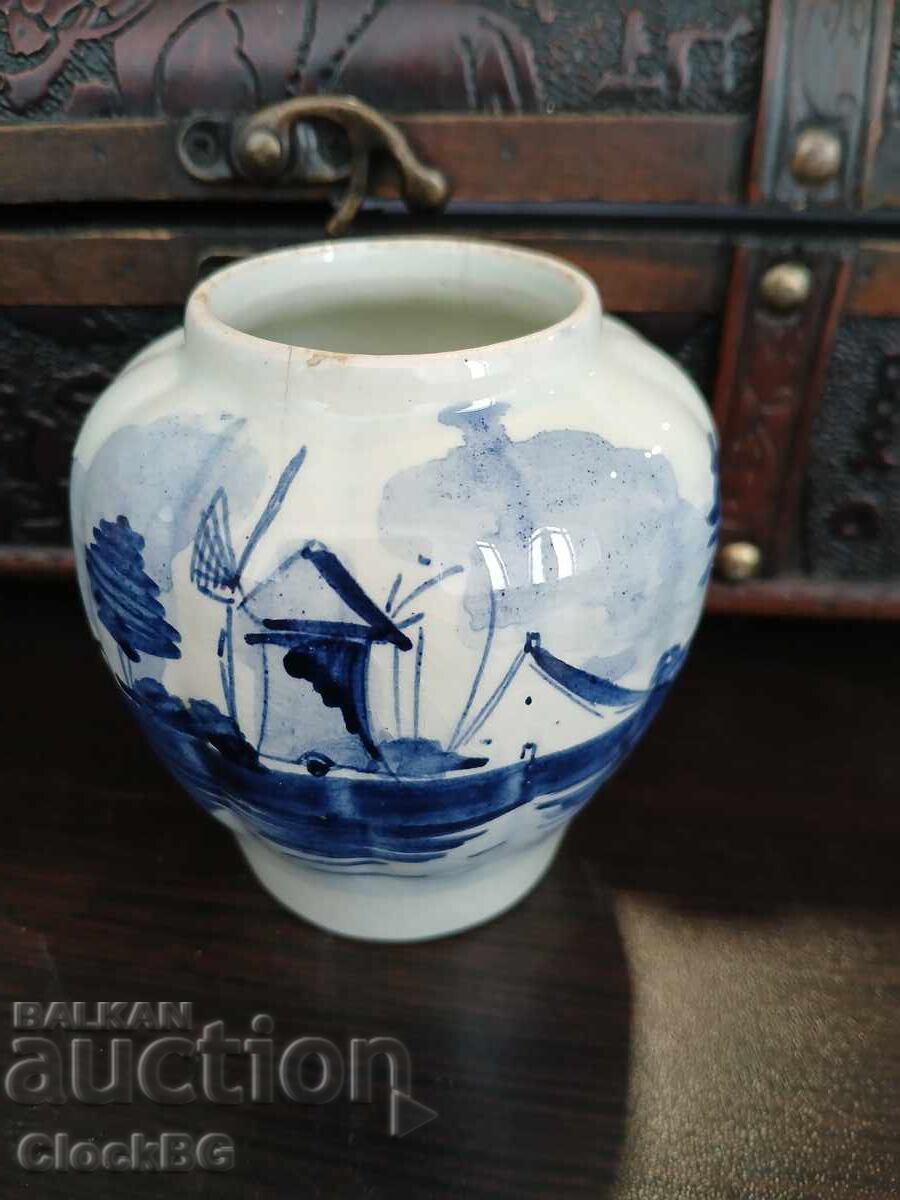 Vintage Dutch hand-painted blue & white vase