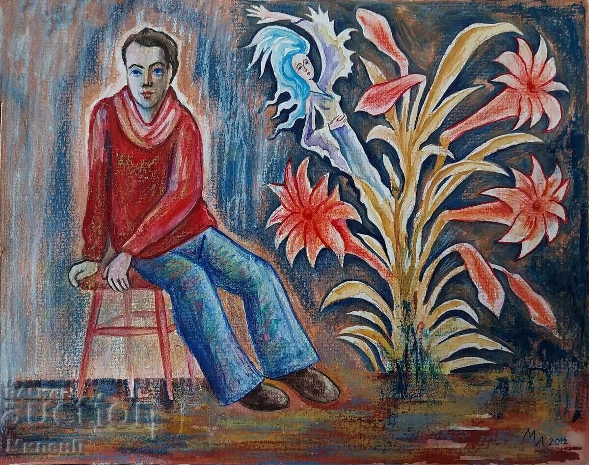 Сюрреалистична рисунка на момче в червено