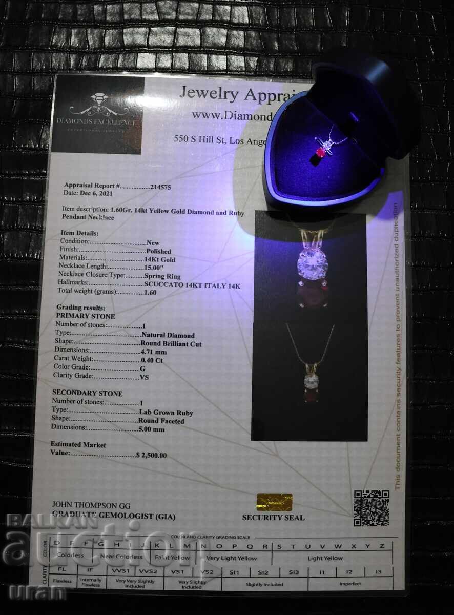 Licitație Nouă Colier Italian de Aur cu Diamant Natural de 0.40ct și Rubin