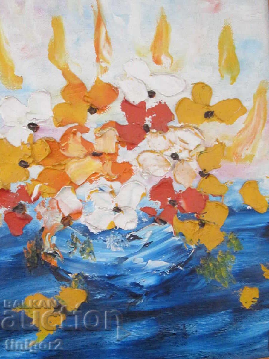 Έλαιο σε καμβά, λουλούδια, υπογραφή, 40x32εκ - 6
