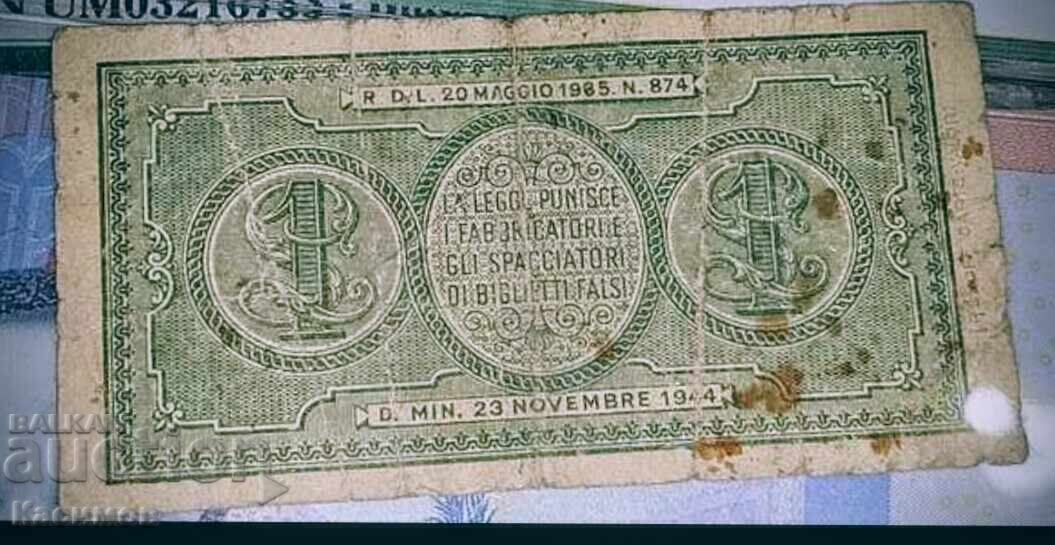 Стара сертифицирана банкнота от Италия 1 Лира 1944 година с цена € 10.00 | 19.56 лв.