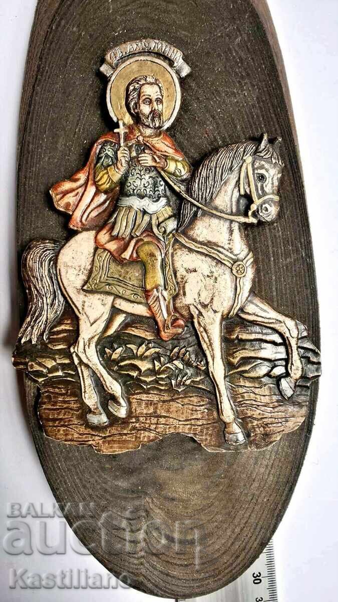 Icoană ortodoxă în relief, lucrată manual, a Sfântului Mina - 5