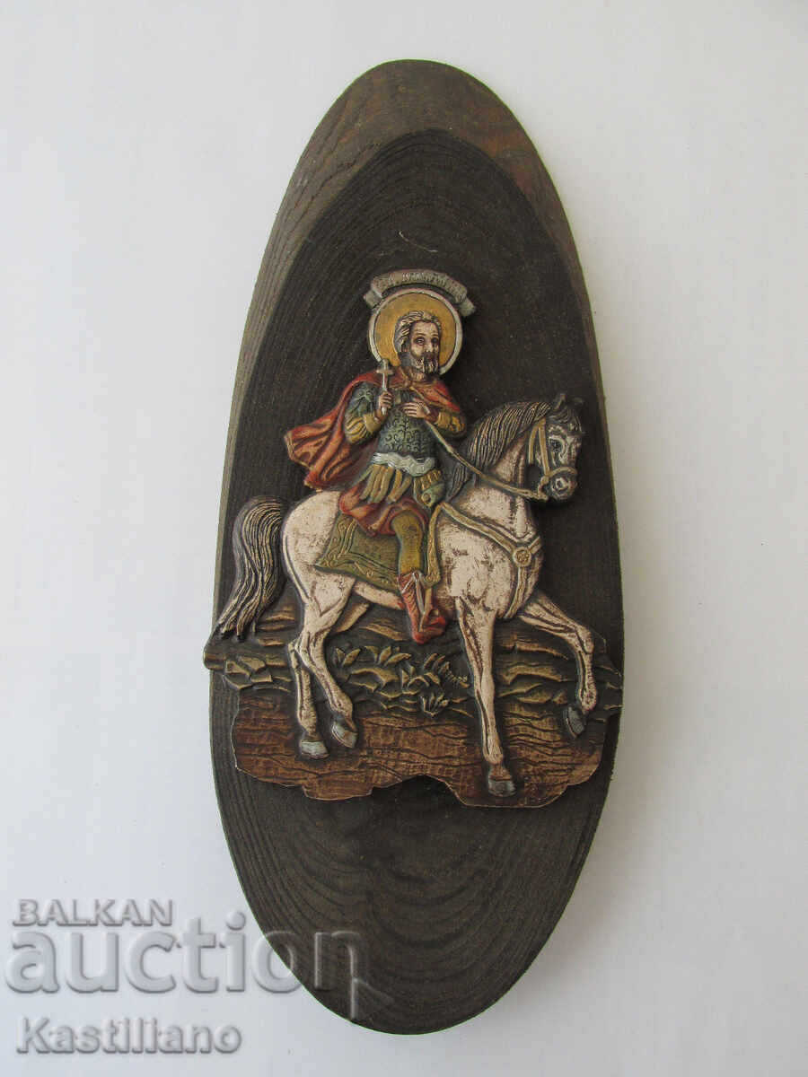 Icoană ortodoxă în relief, lucrată manual, a Sfântului Mina