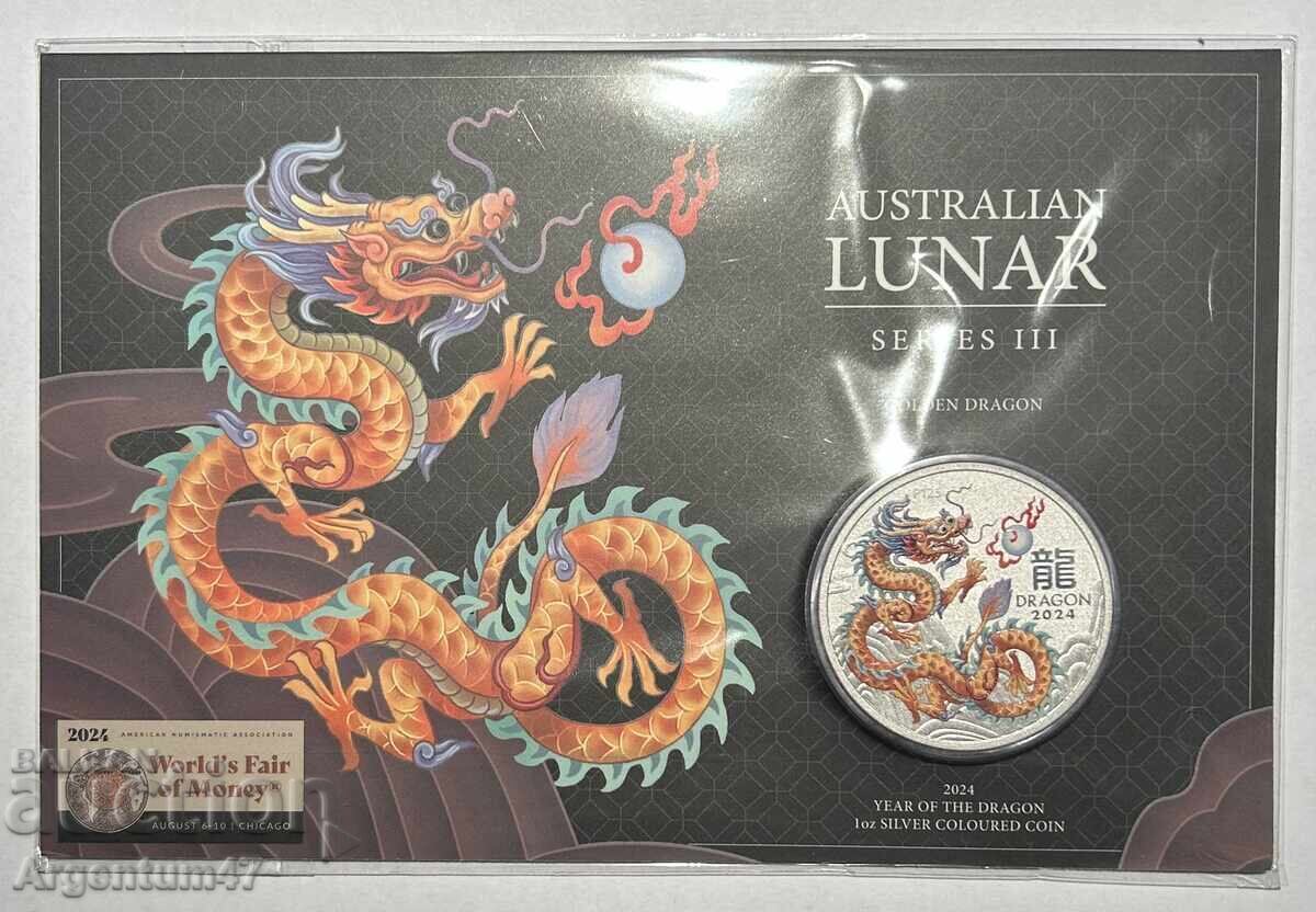 Licitație ARGINT 1 OZ 2024 AUSTRALIA - ANUL LUNAR AL DRAGONULUI COLORAT ÎN K