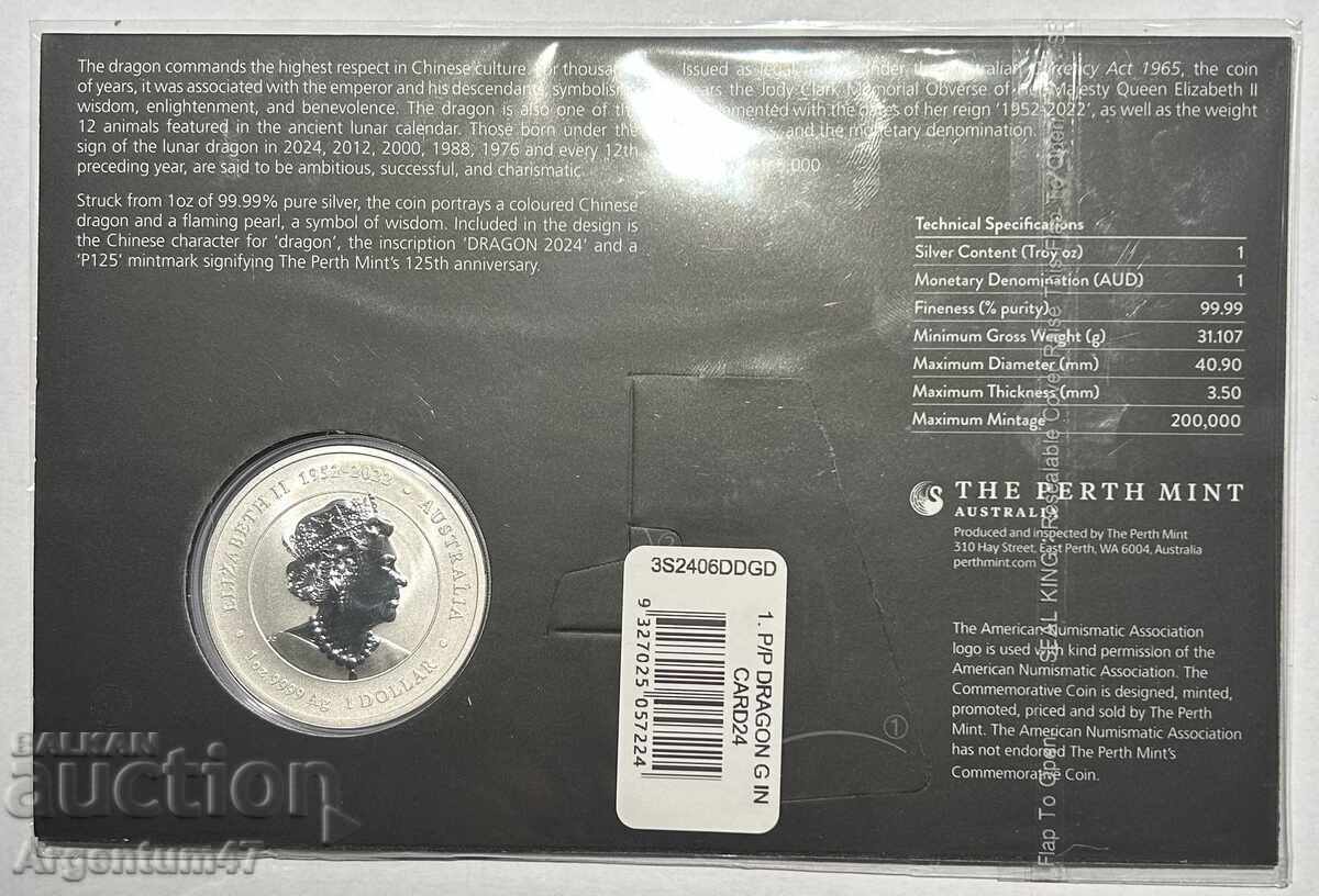 Livrarea ARGINT 1 OZ 2024 AUSTRALIA - ANUL LUNAR AL DRAGONULUI COLORAT ÎN K