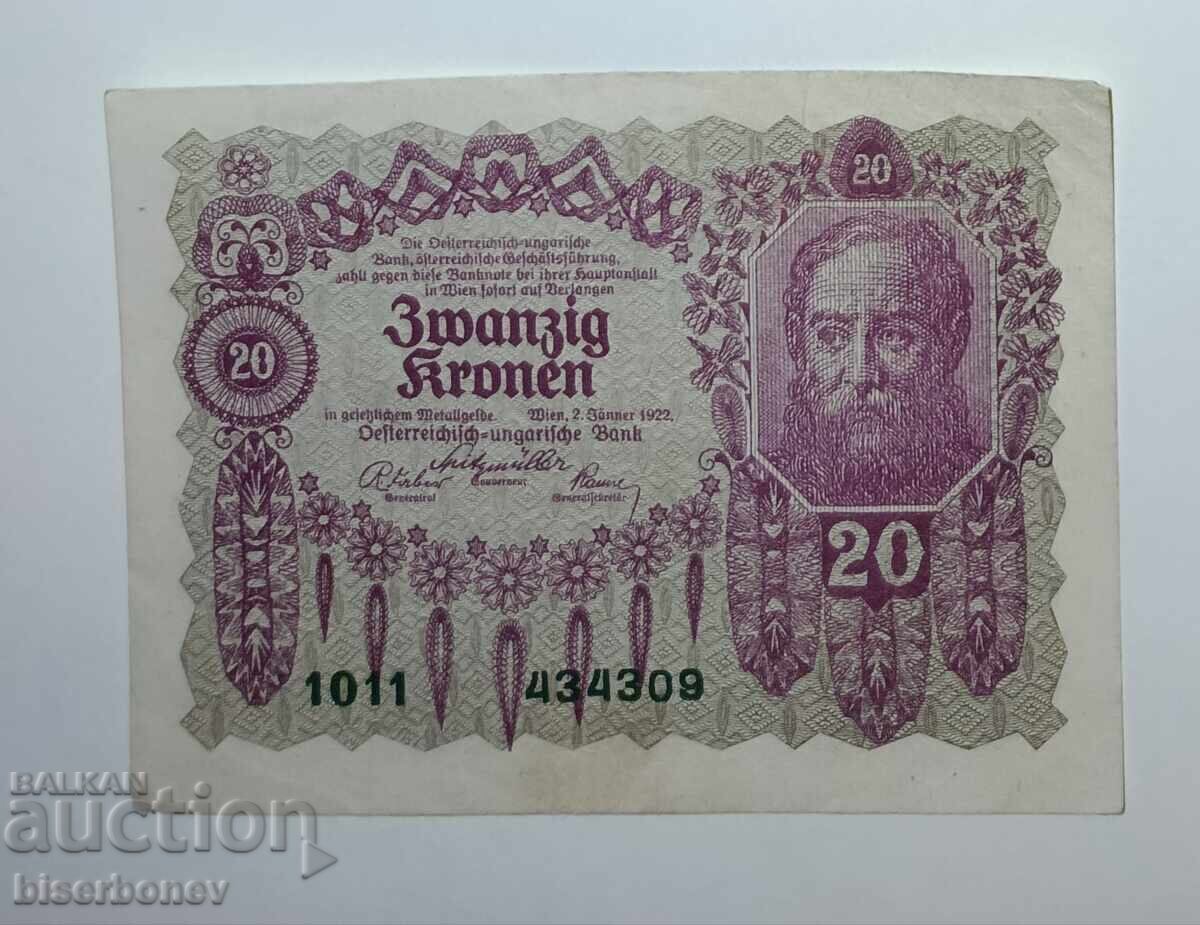 Austria, 20 coroane 1922, VF/XF