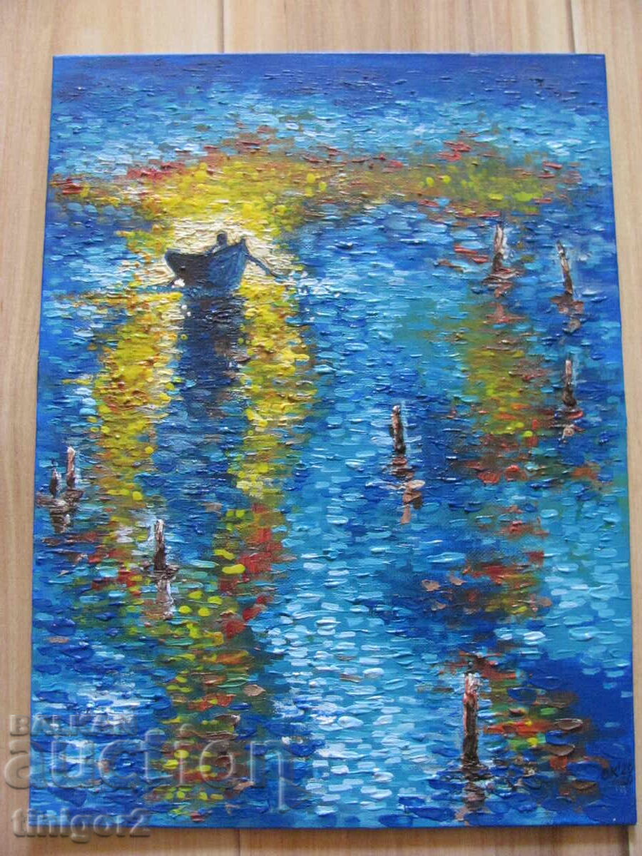 Tablou ulei, carton, semnătură - Mare, apus, 40x30cm