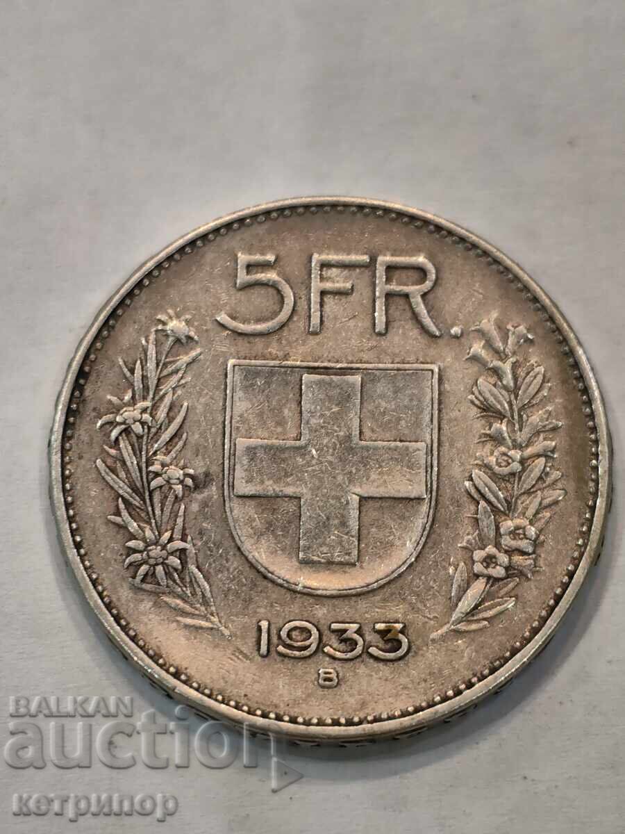 5 Franci Elveția 1933 argint