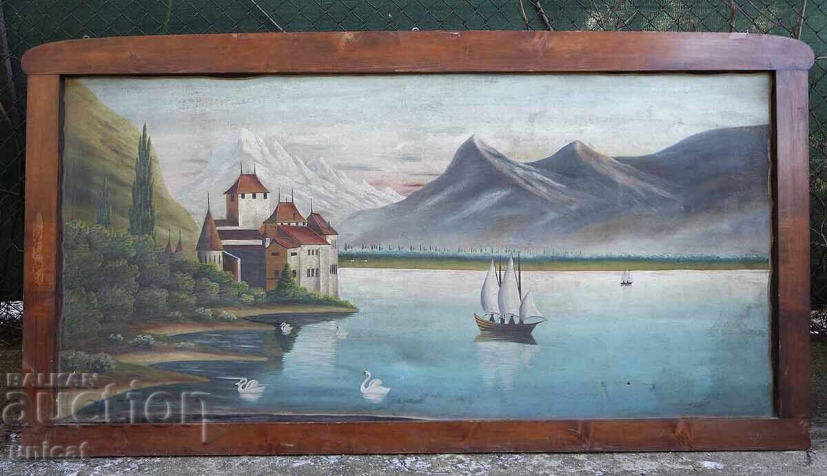 Стара антикварна маслена картина, пейзаж отАлпите, Швейцария