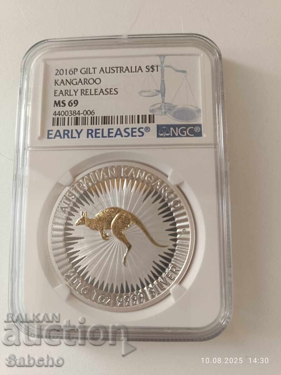 Κανγκουρό 2016 NGC MS 69 Τιράζ 5000 1oz ασήμι με επιχρύσωση με τιμή € 165.00 | 322.71 BGN