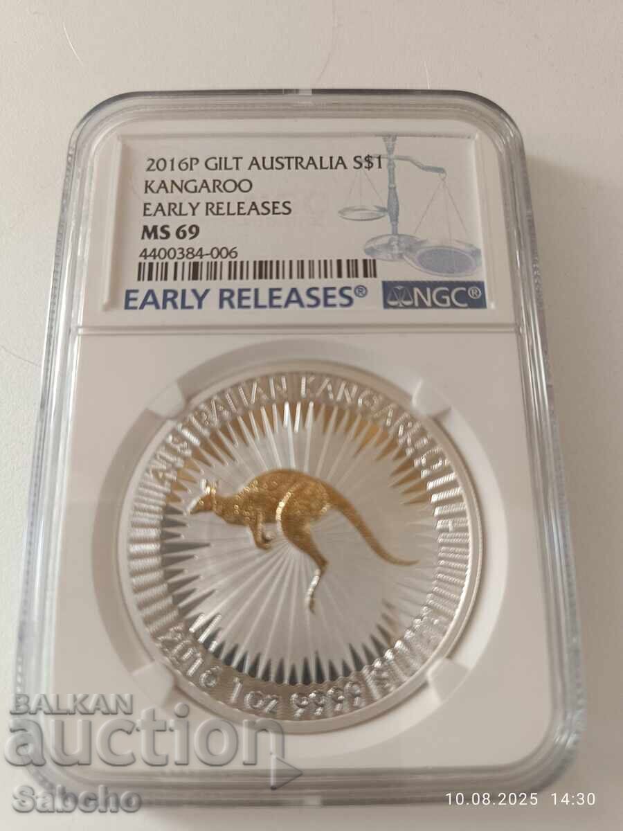 Δημοπρασία Κανγκουρό 2016 NGC MS 69 Τιράζ 5000 1oz ασήμι με επιχρύσωση