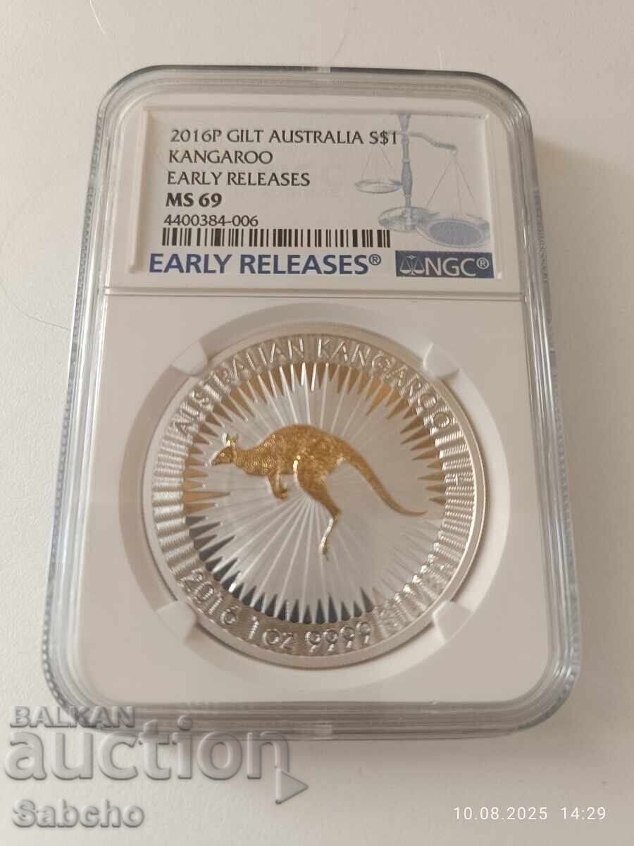 Κανγκουρό 2016 NGC MS 69 Τιράζ 5000 1oz ασήμι με επιχρύσωση