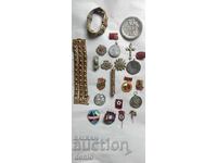Collection of vintage badges, plaques, medals, bracelets