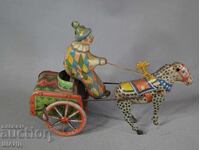 1950 Руска механична метална играчка клоун с магаре  каруца