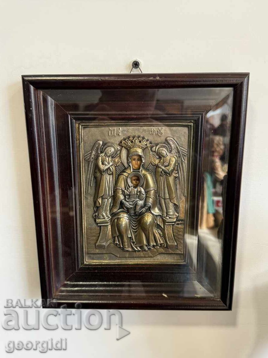 Icoană argintată ortodoxă Maica Domnului pe tron. №7878