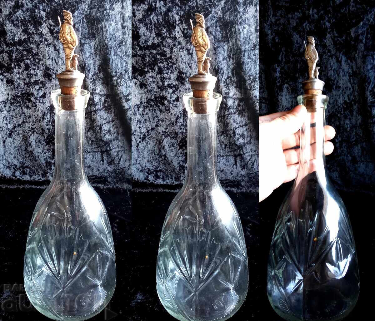 Auction  Retro glass carafe, decorative metal stopper, hunter with dog