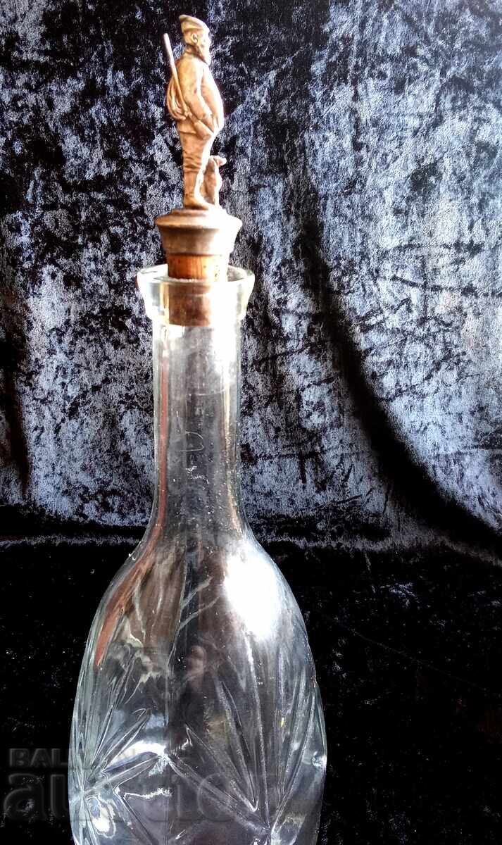 Retro glass carafe, decorative metal stopper, hunter with dog - 6