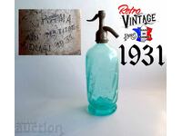 Παλιό γαλλικό σιφόνι νερού του 1931, μπλε γυαλί με σημάδια