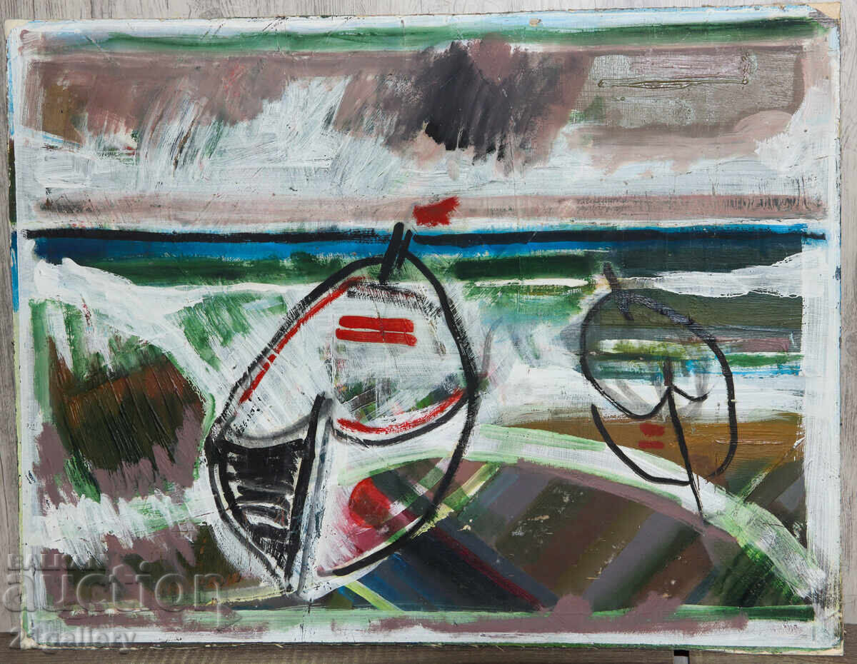 Panayot Apostolov Oil Paintings Fishing Boats Landscape with price € 200.00 | 391.17 BGN