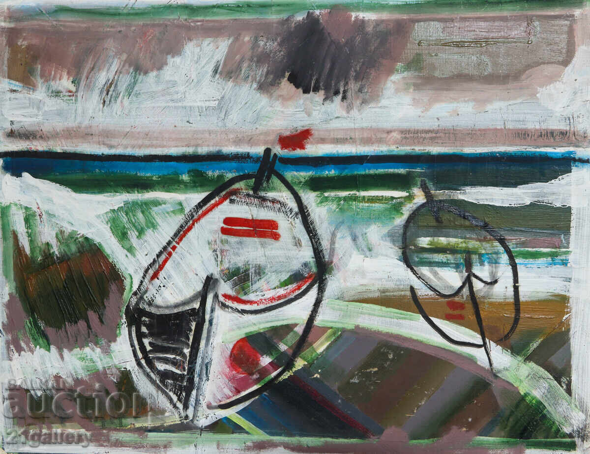 Panayot Apostolov Oil Paintings Fishing Boats Landscape