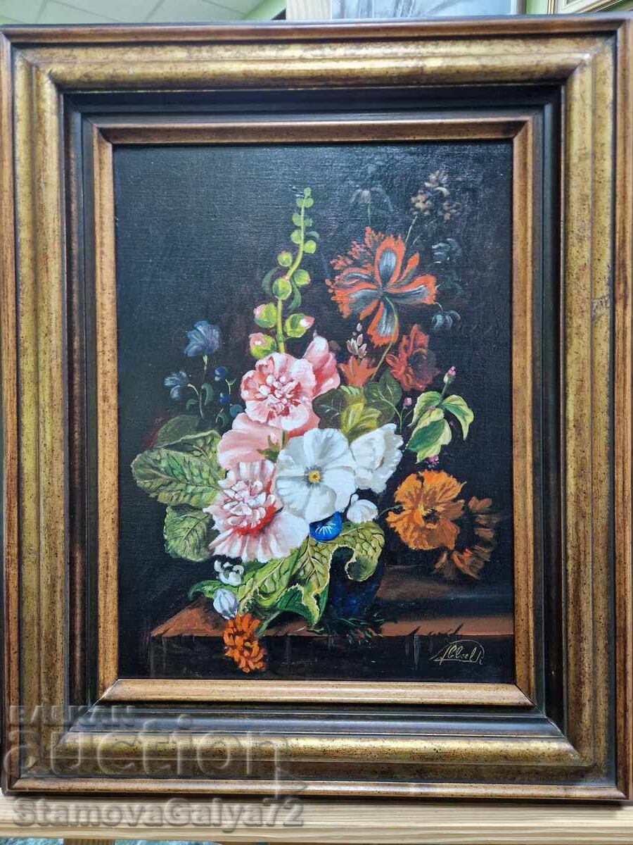 Auction  Beautiful antique original oil on canvas still life painting