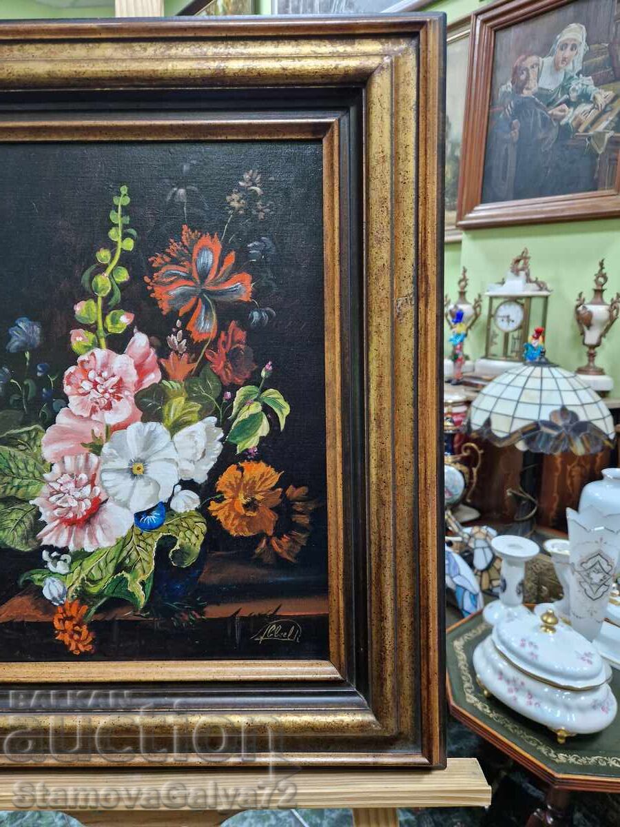 Minunată pictură antică de autor, ulei pe pânză, natură statică - 6 Minunată pictură antică de autor, ulei pe pânză, natură statică - 6