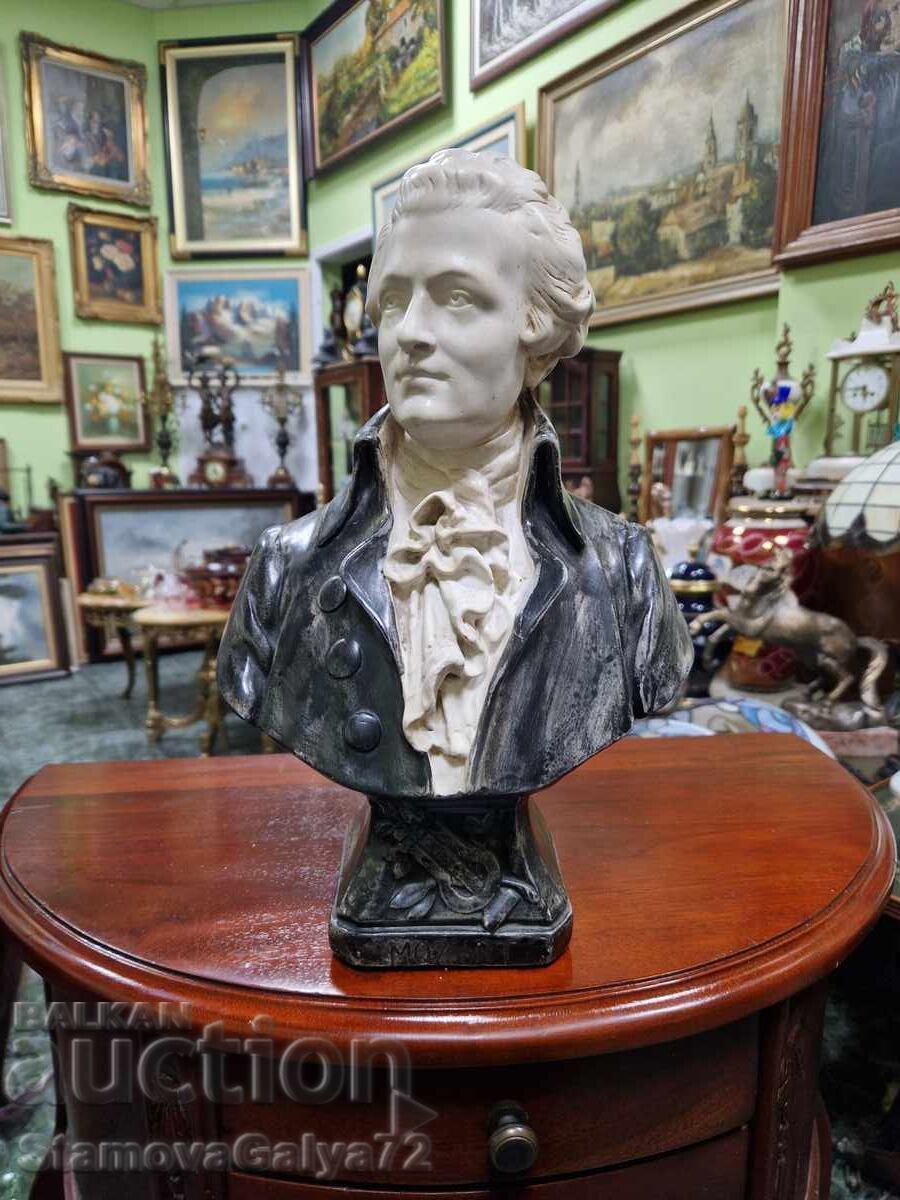 Figurină ceramică antică superbă, statuetă bust Mozart