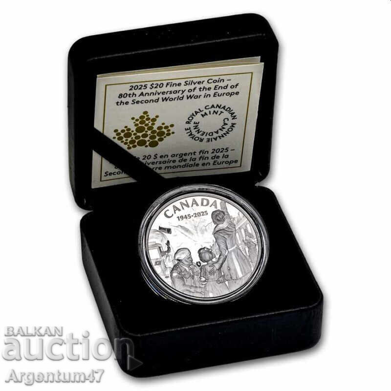 ARGINT 1 OZ 2025 CANADA - 80 DE ANI DE LA SFÂRȘITUL WWII EUROPA ARGINT 1 OZ 2025 CANADA - 80 DE ANI DE LA SFÂRȘITUL WWII EUROPA