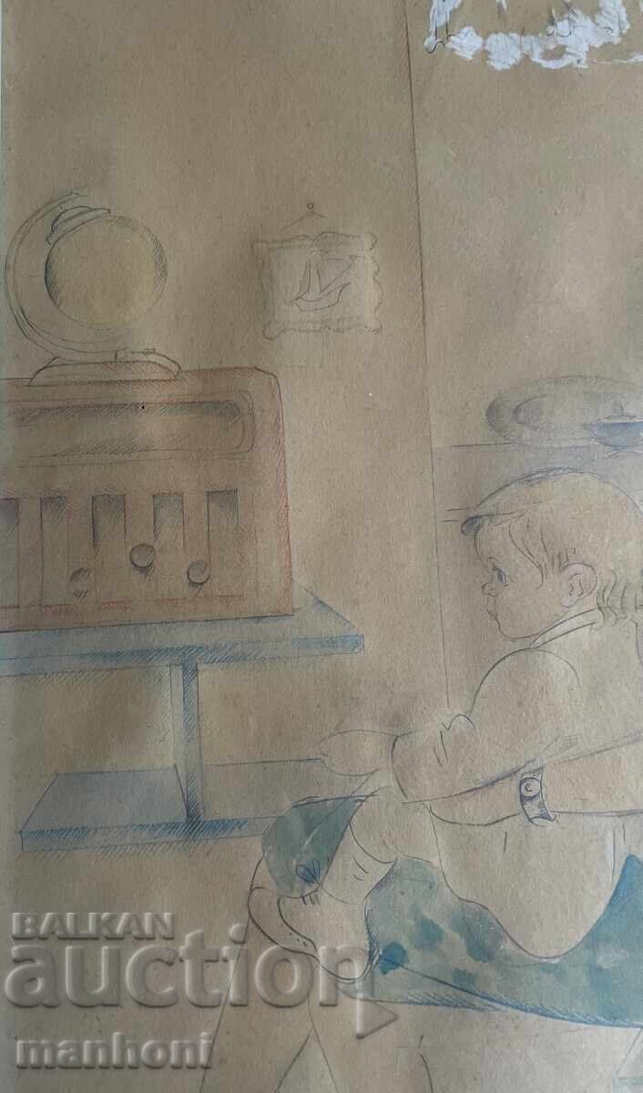 7 Alexandru Dobrinov femeie copil radio acuarelă semnată 1944 - 5 7 Alexandru Dobrinov femeie copil radio acuarelă semnată 1944 - 5