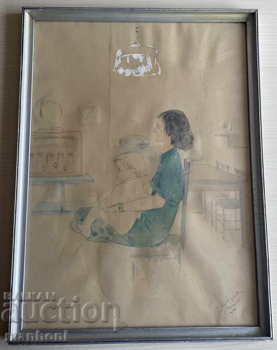 7 Alexandru Dobrinov femeie copil radio acuarelă semnată 1944 7 Alexandru Dobrinov femeie copil radio acuarelă semnată 1944