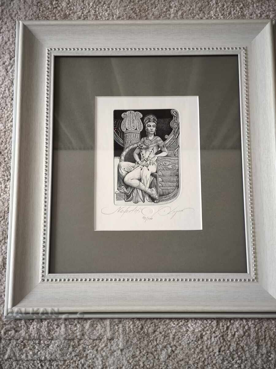 Hristo Kerin - Nefertiti, gravură semnată + ramă nouă - 7