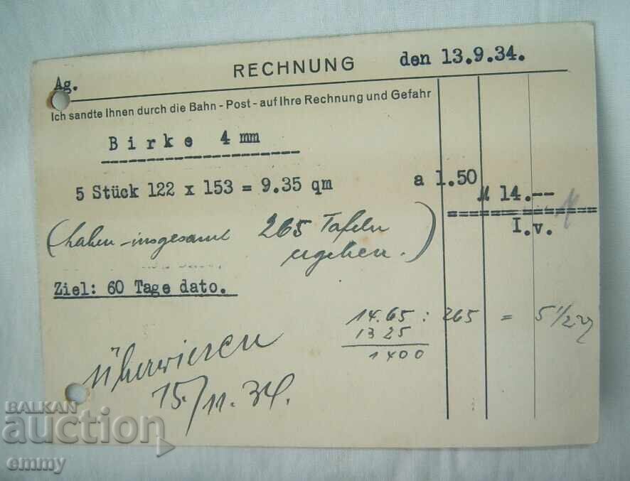 Licitație Factură pentru material lemnos expediat, München, Germania, 1934