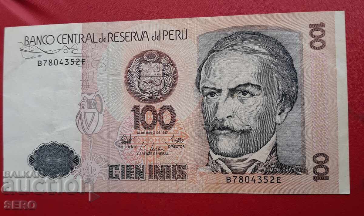 Bancnotă Peru 100 intis 1987