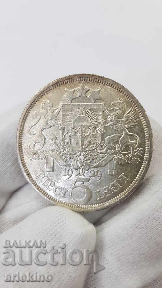 Рядка сребърна монета 5 LATI 1929 Република Литва