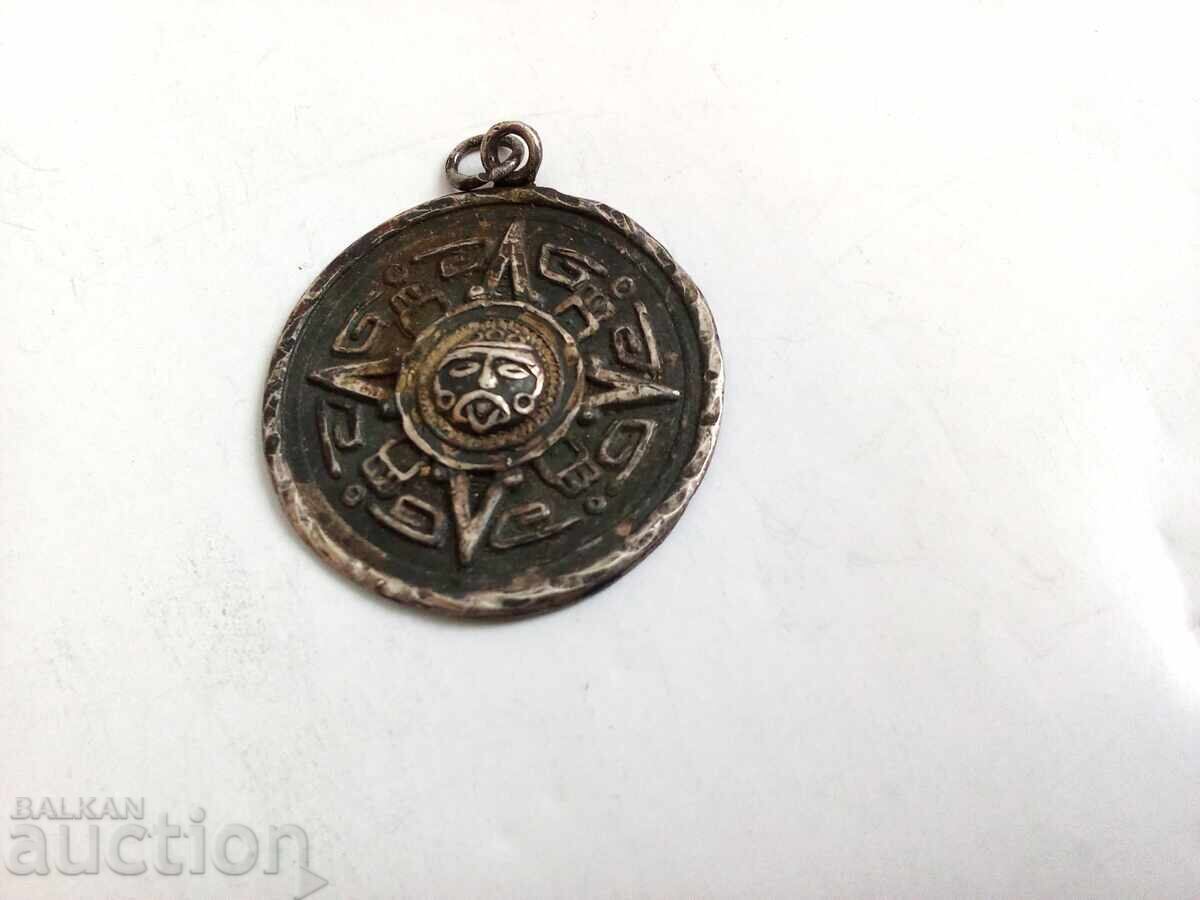 Auction  Vintage Aztec Calendar Pendant, Mexican Silver 925