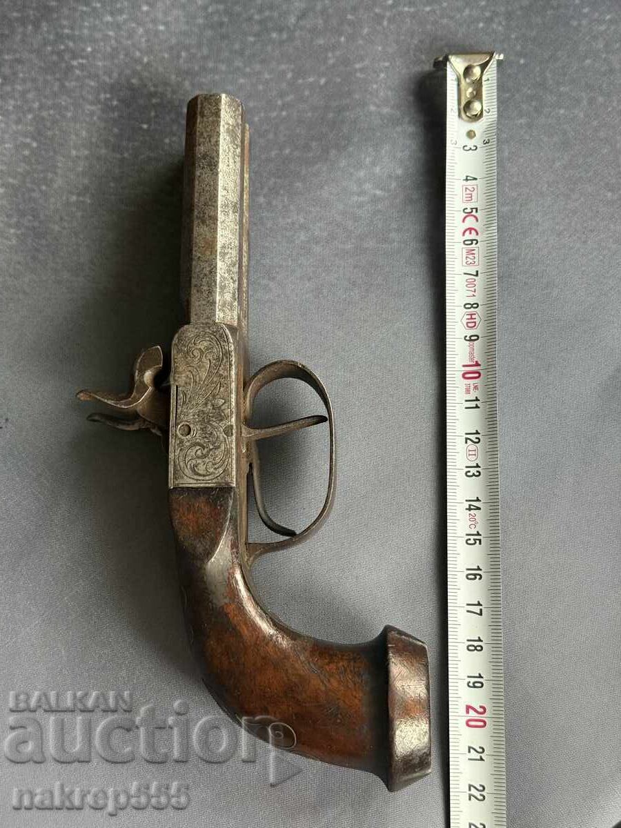 Μοναδικό παλιό δίκαννο πιστόλι, ασημένια ένθετα - 5