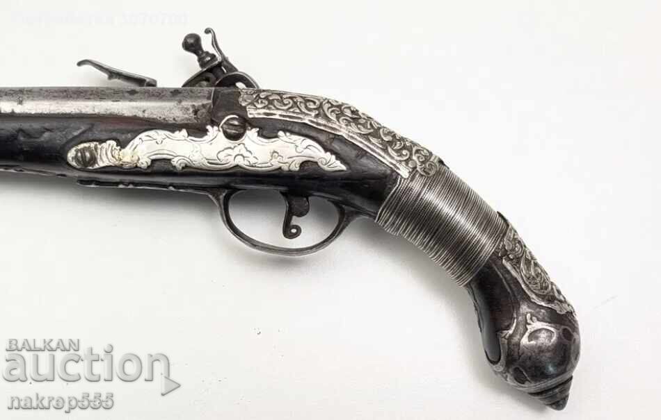 Δημοπρασία Αυθεντικό οθωμανικό ασημένιο πιστόλι με φυτίλι, τουφέκι, χαϊδούκικο
