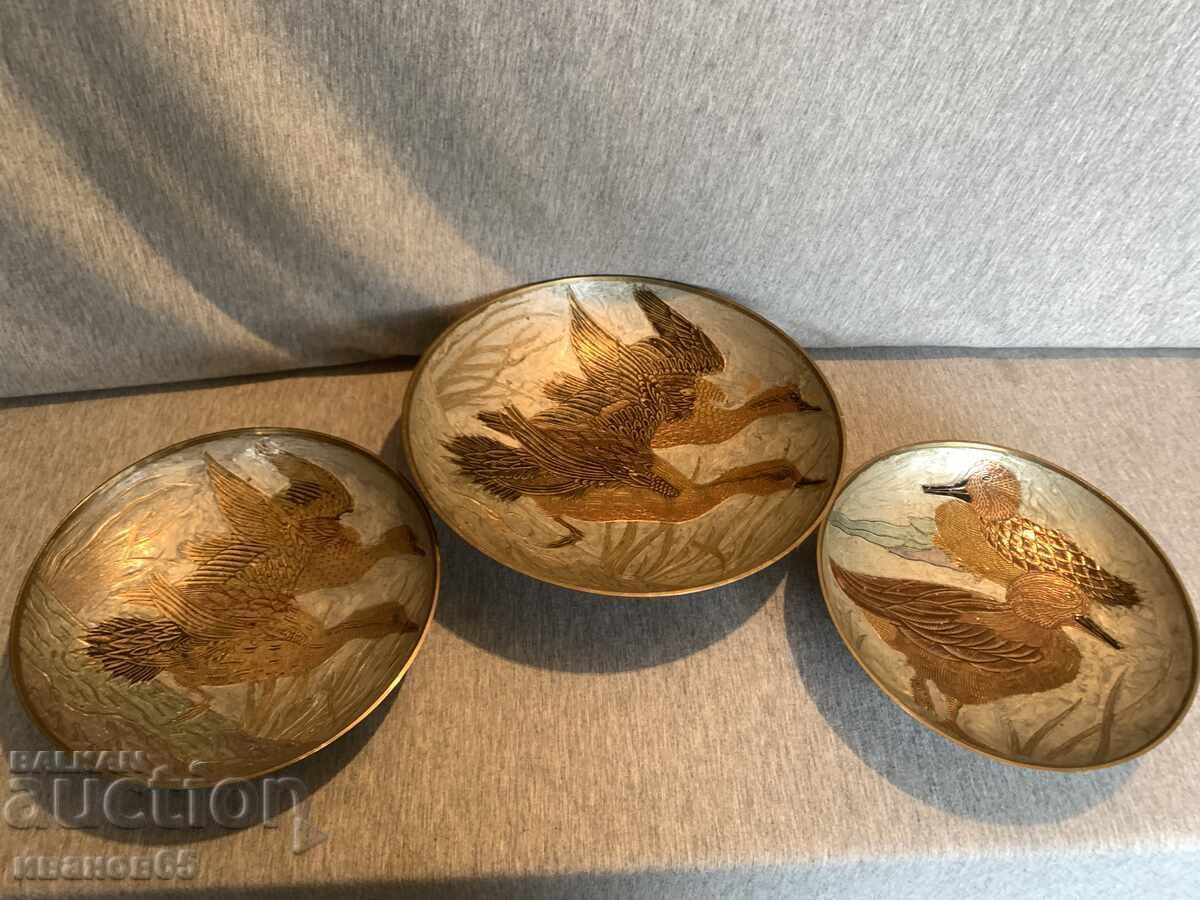 Brass enameled bowls with painted ducks
