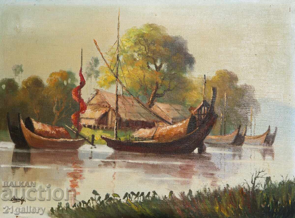 Veche pictură în ulei peisaj de râu cu bărci