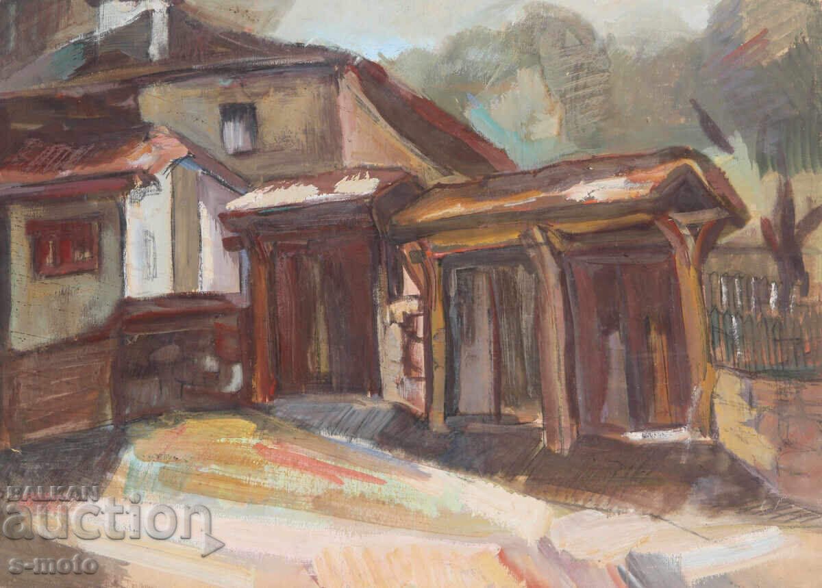 Pictură veche tempera peisaj rural cu preț € 170.00 | 332.49 BGN