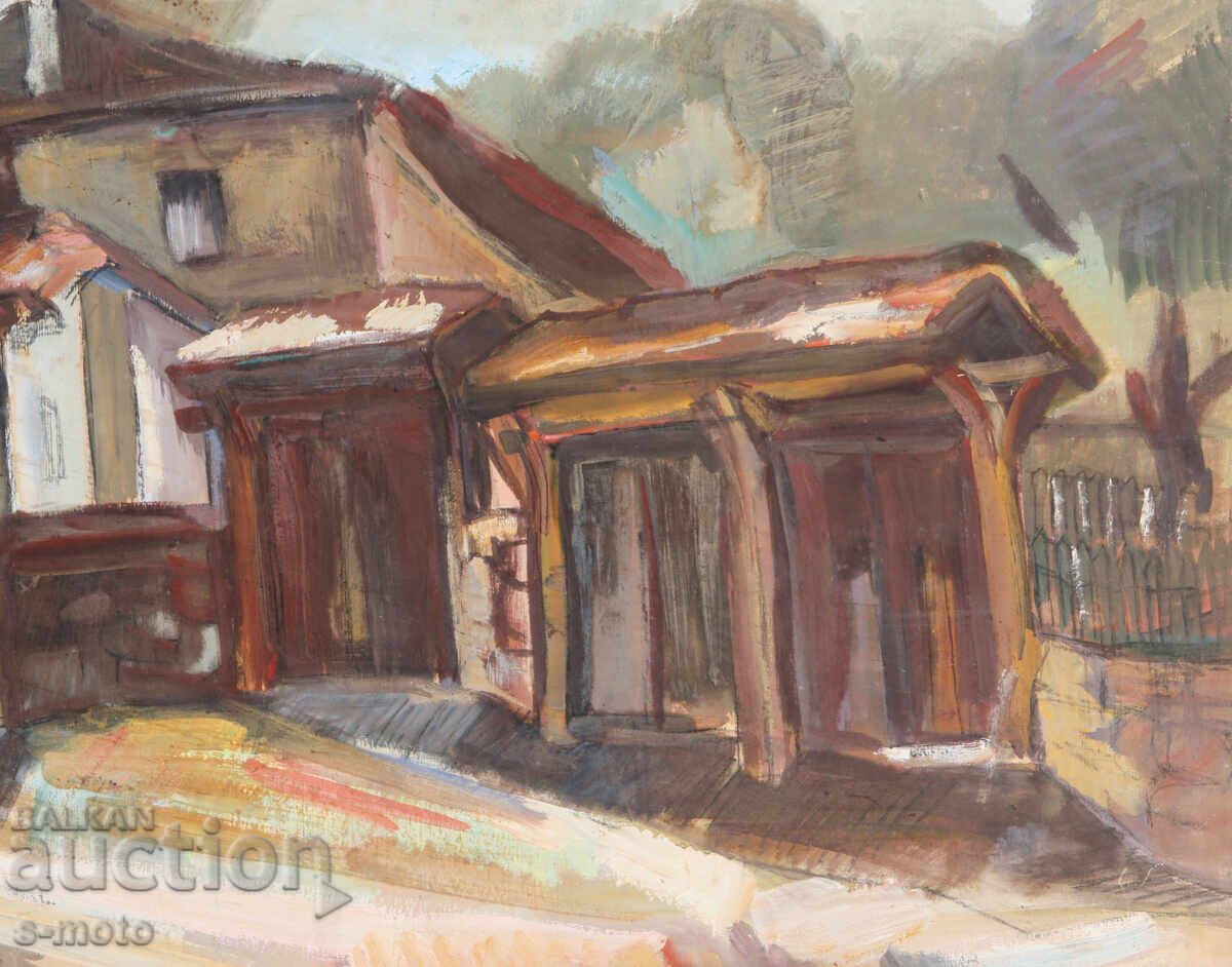 Pictură veche tempera peisaj rural - 5