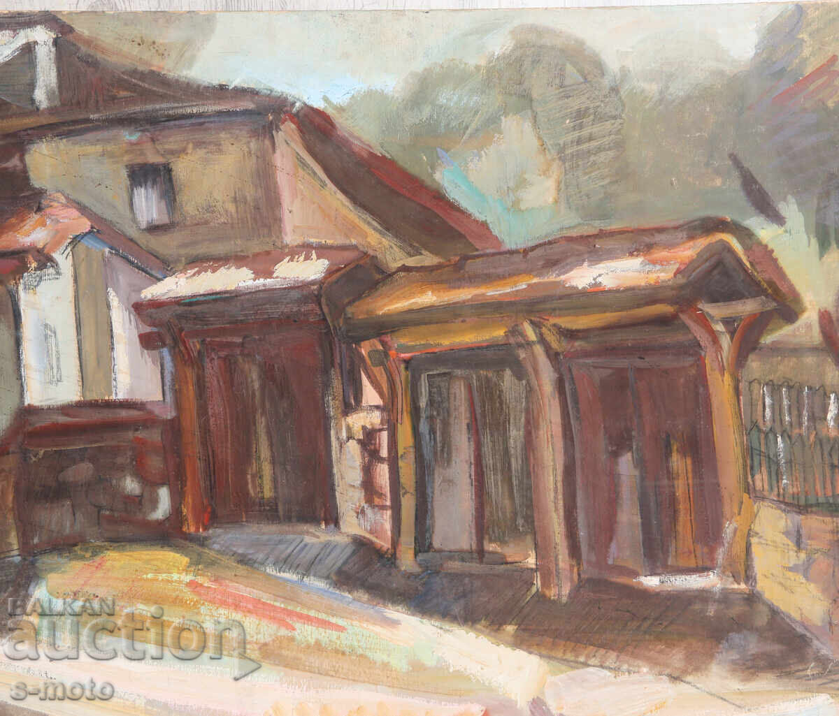 Pictură veche tempera peisaj rural - 6