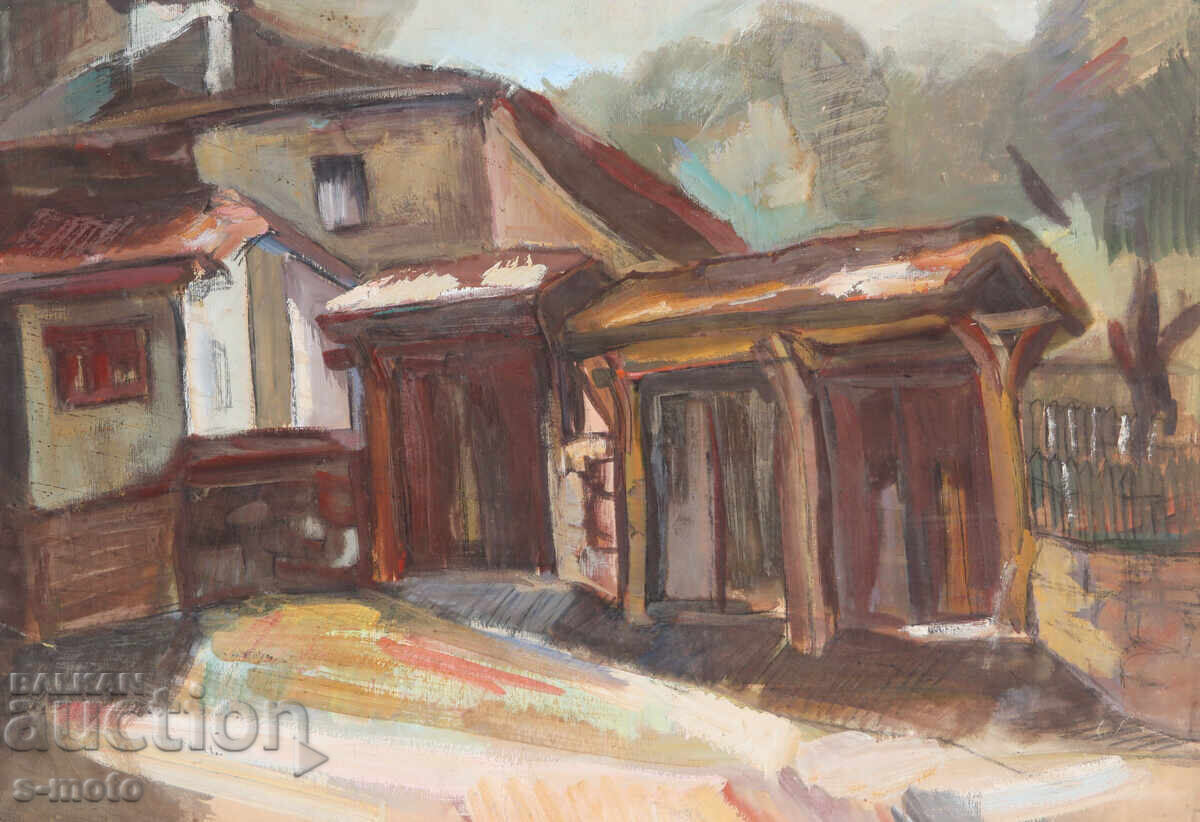 Pictură veche tempera peisaj rural