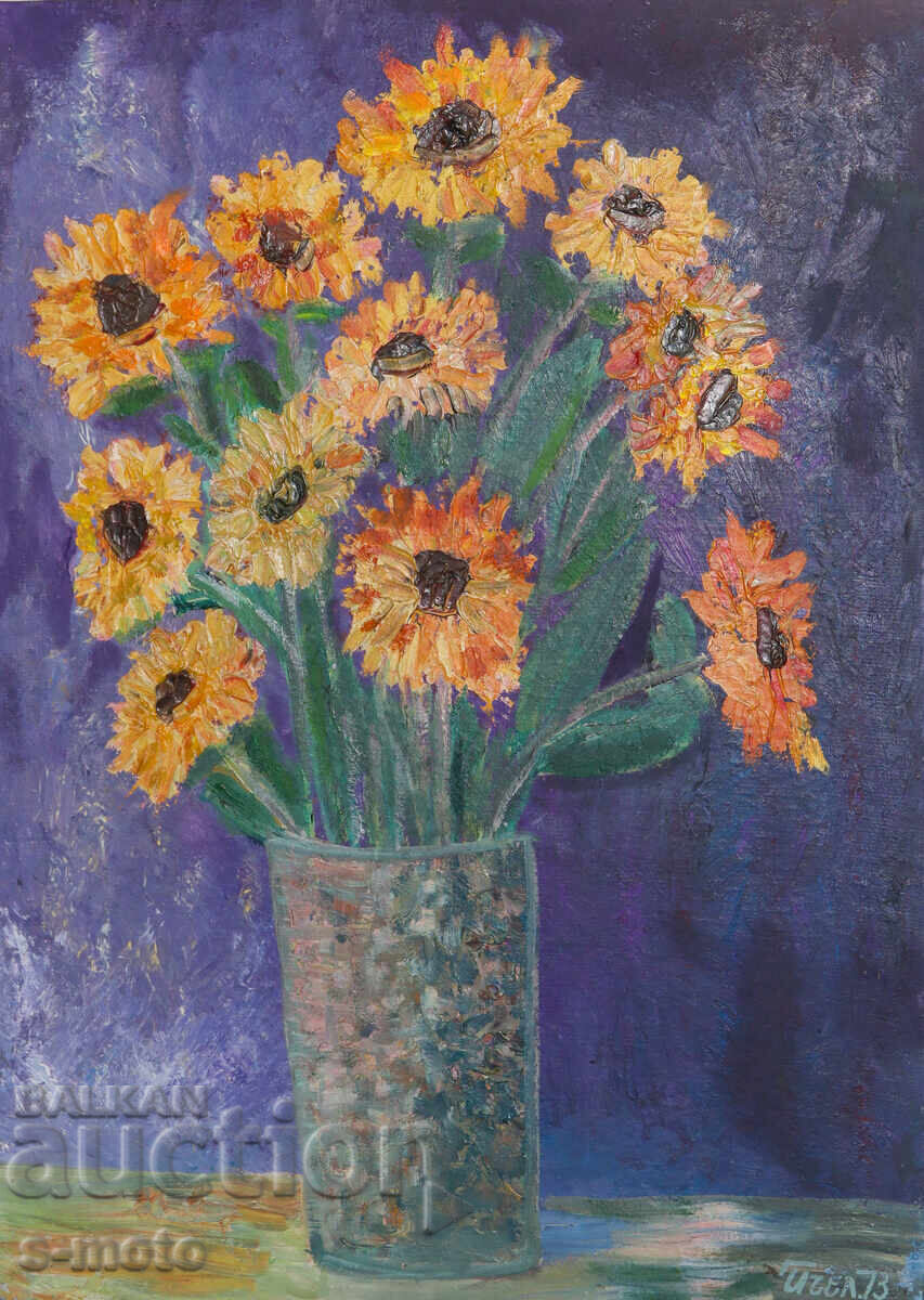 Έργο ζωγραφικής με λάδι νεκρή φύση με λουλούδια