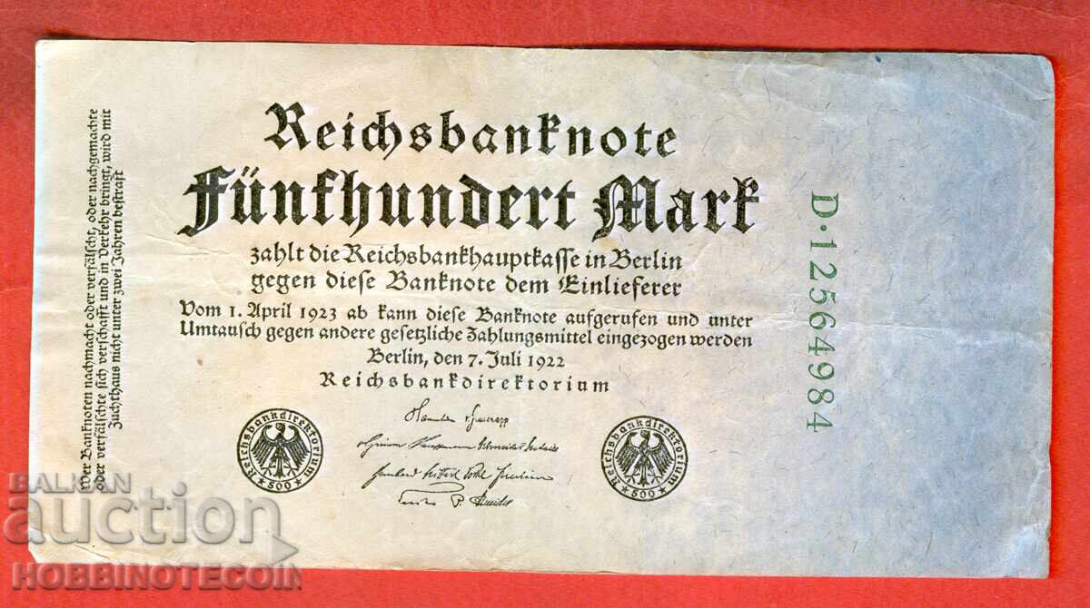 GERMANIA GERMANY 500 Mărci emisiune 1922 - 1923 8 cifre verzi