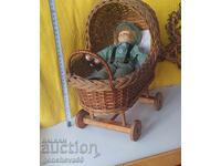 Large rare ANTIQUE WICKER CARRIAGE with doll
