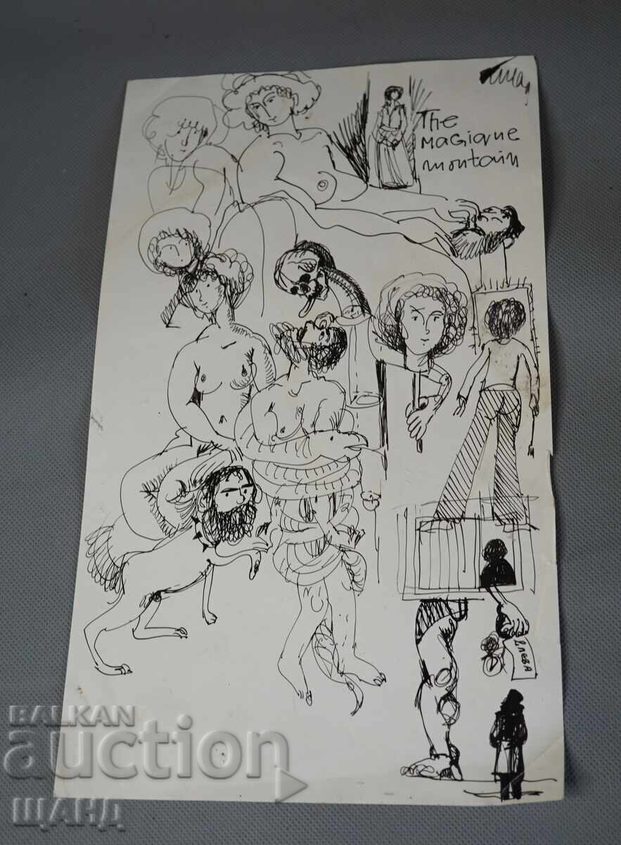 Old master drawing ink figures erotic nude body