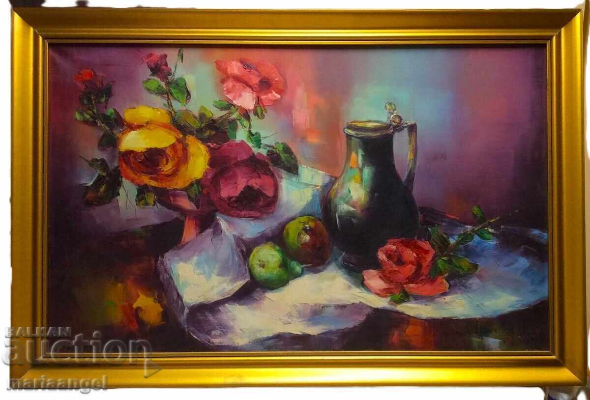 Auction  Oil painting Still life with jug and flowers