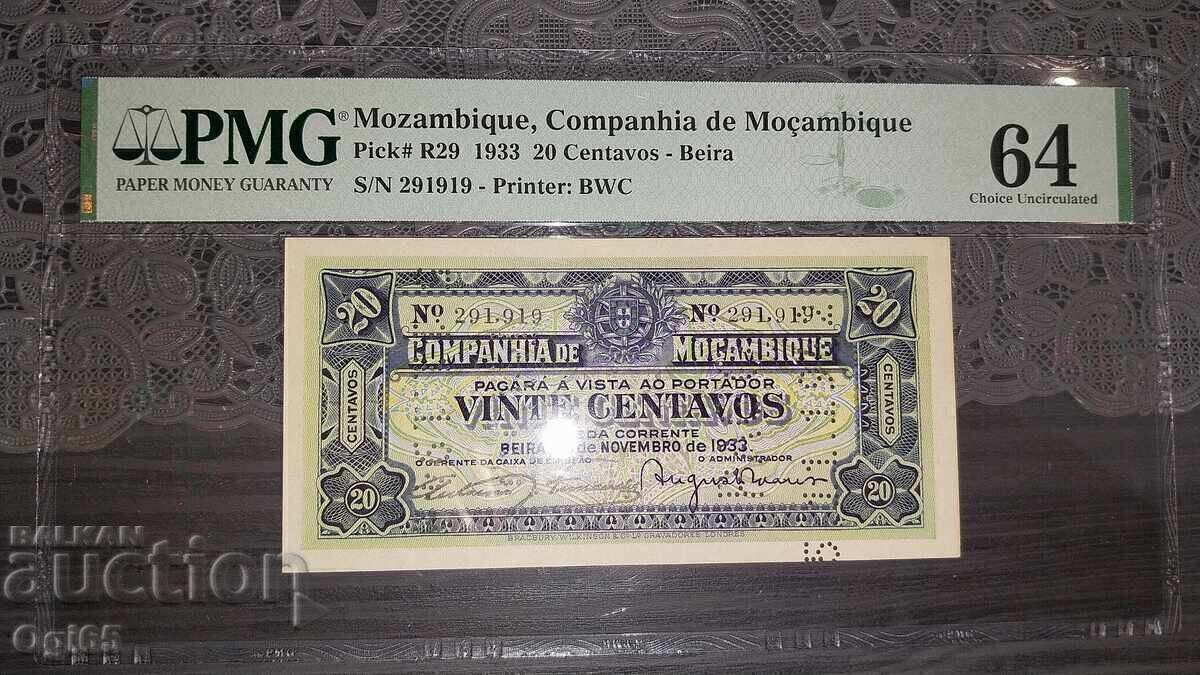 Bancnotă rară certificată din Mozambic 50 Centavos 1933
