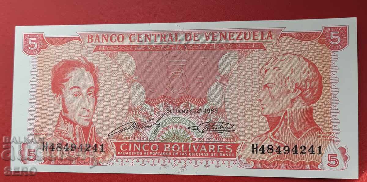 Bancnotă-Venezuela-5 bolivari 1989